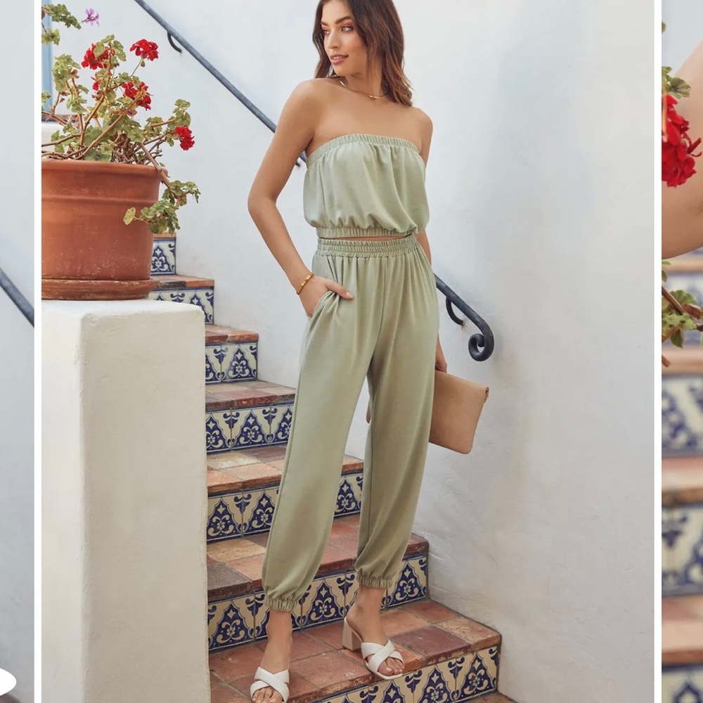 VICI Danette Billowed Knit Tube Top + Pocketed Knit Joggers Set